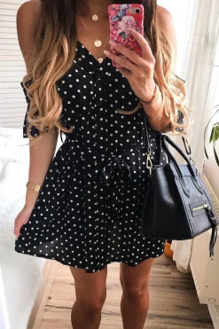 Rebellious Fashion Black Polka Dot Cold Shoulder Dress - Sarabella