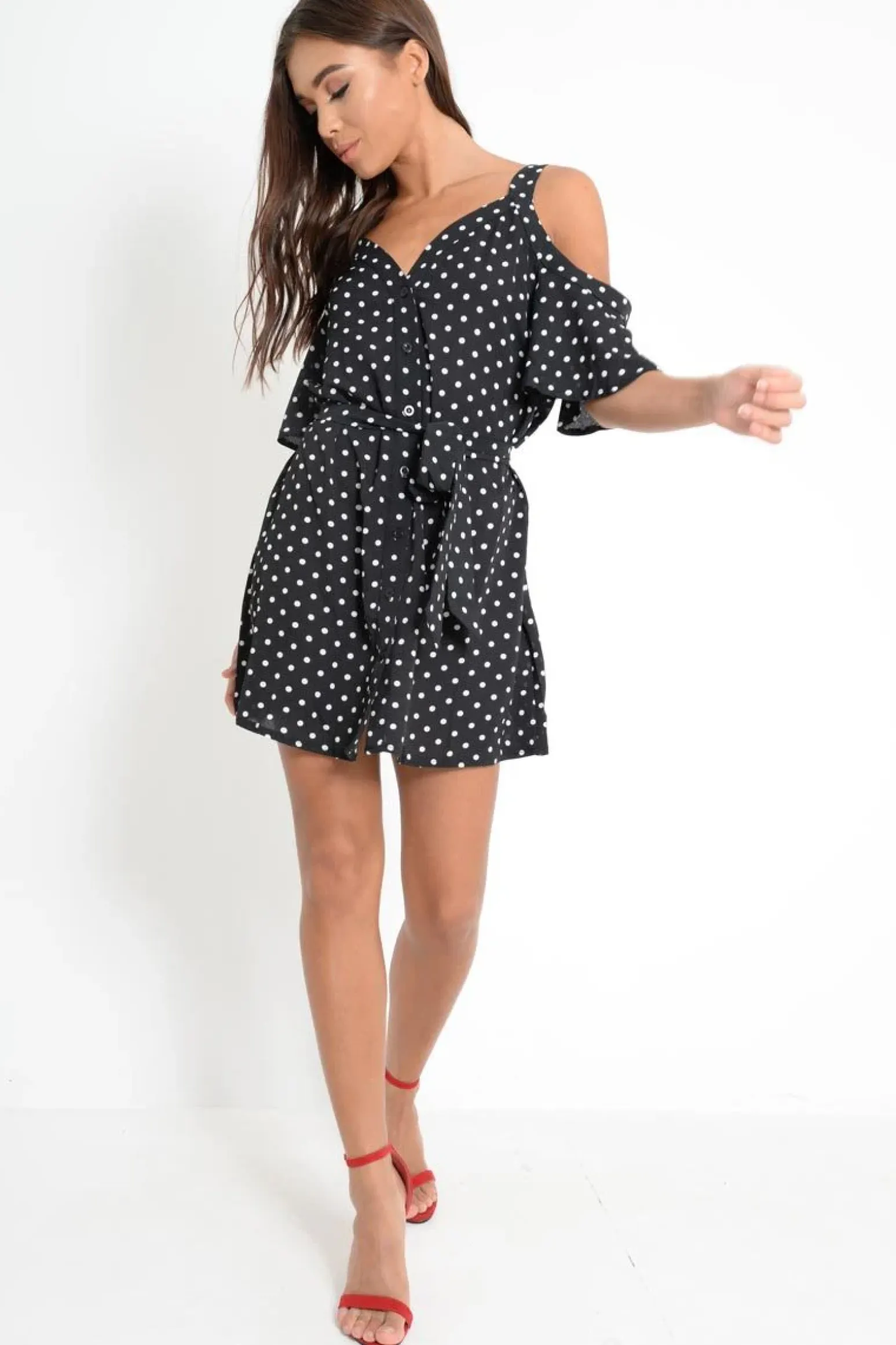 Rebellious Fashion Black Polka Dot Cold Shoulder Dress - Sarabella