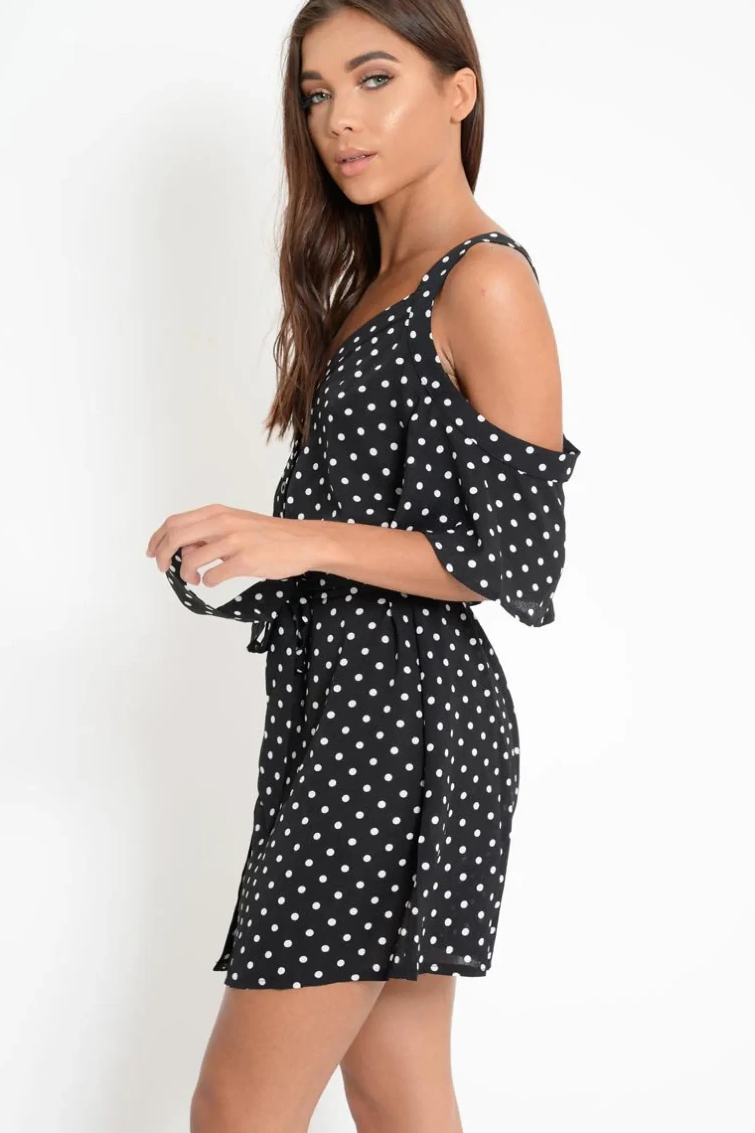 Rebellious Fashion Black Polka Dot Cold Shoulder Dress - Sarabella
