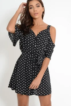 Rebellious Fashion Black Polka Dot Cold Shoulder Dress - Sarabella