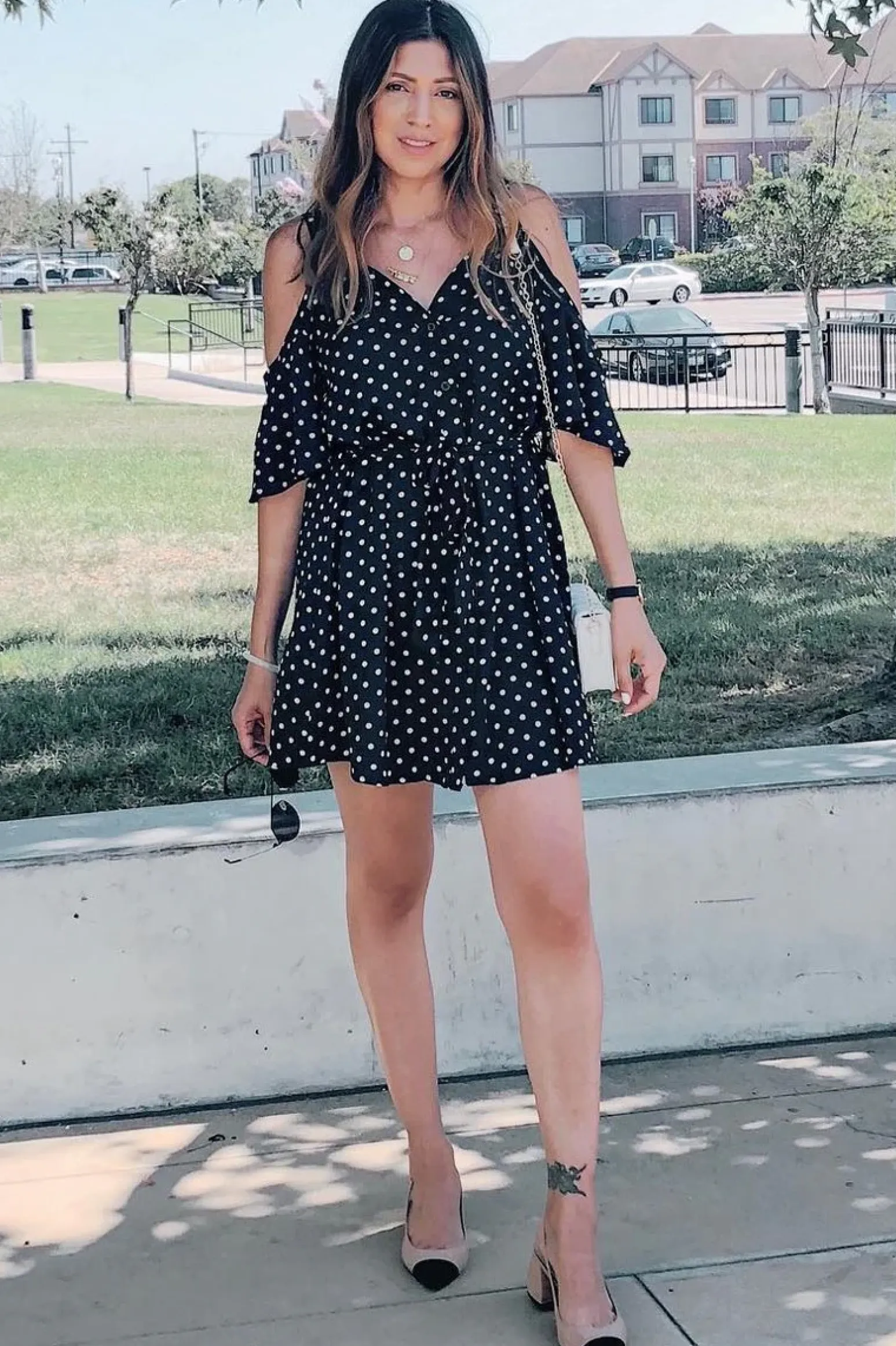 Rebellious Fashion Black Polka Dot Cold Shoulder Dress - Sarabella