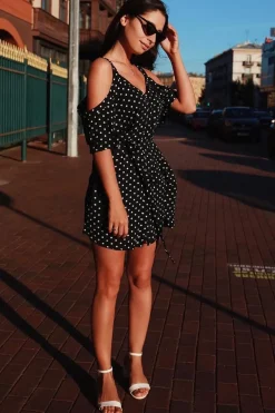Rebellious Fashion Black Polka Dot Cold Shoulder Dress - Sarabella