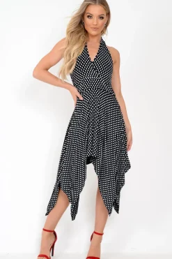 Rebellious Fashion Black Polka Dot Halterneck Tiered Hem Dress - Cailie