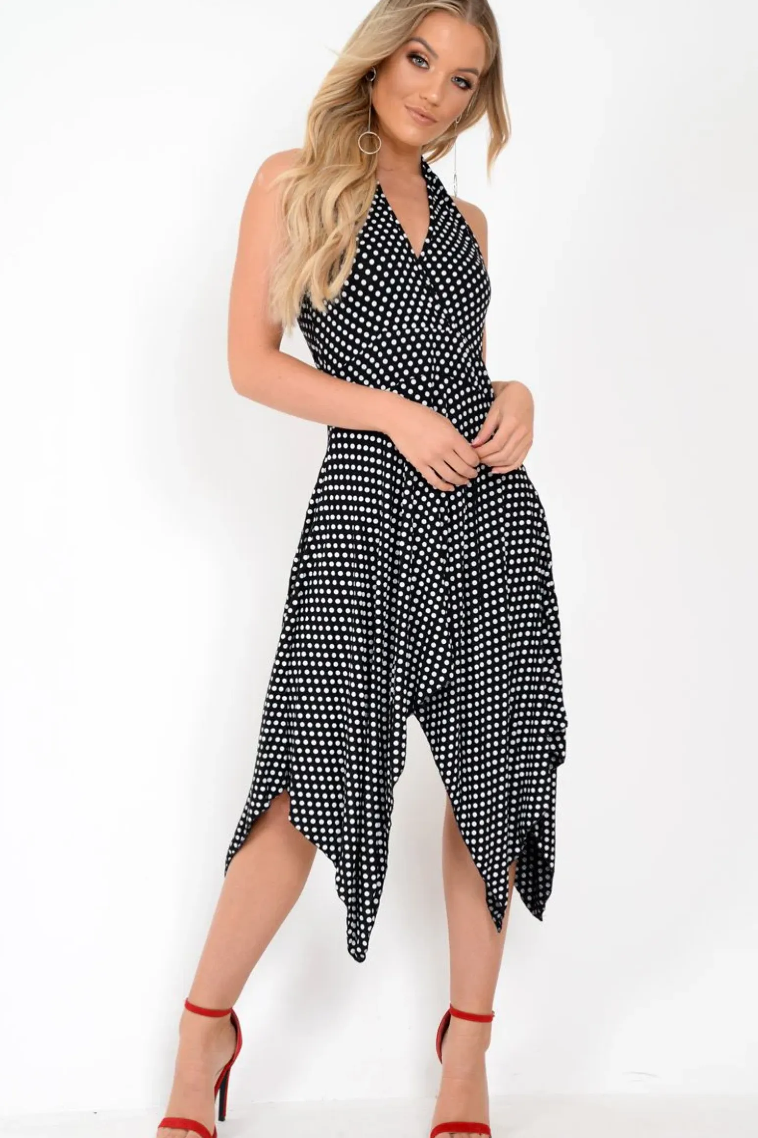 Rebellious Fashion Black Polka Dot Halterneck Tiered Hem Dress - Cailie