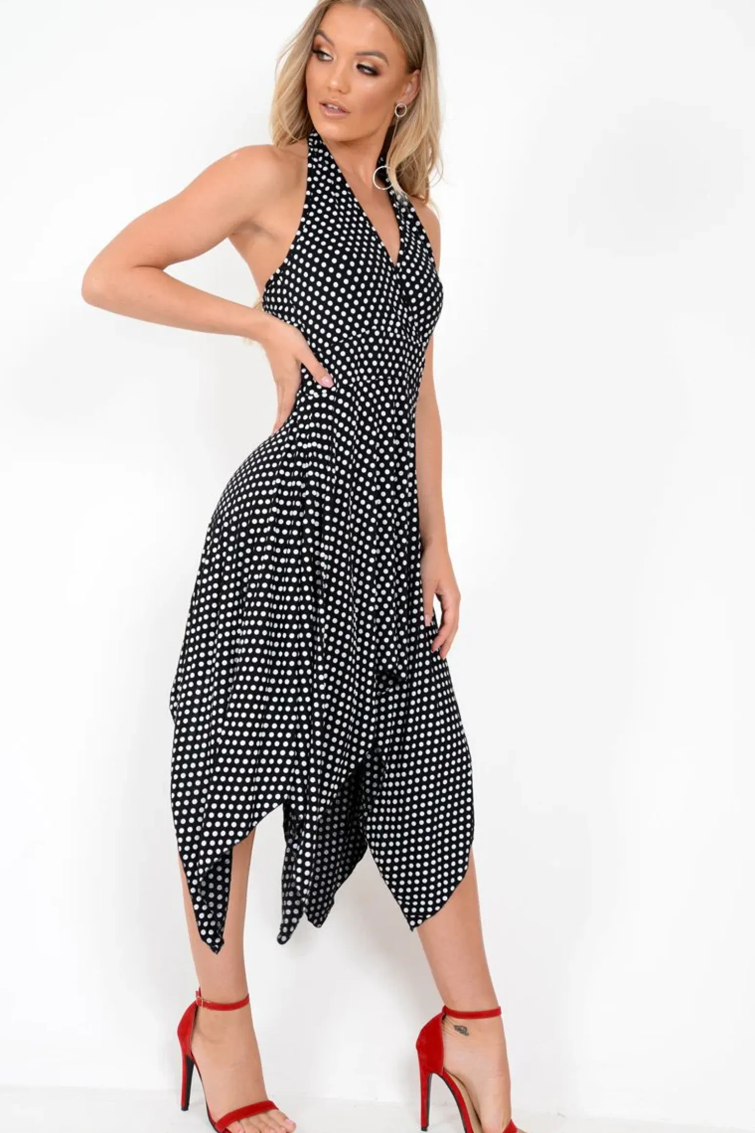 Rebellious Fashion Black Polka Dot Halterneck Tiered Hem Dress - Cailie