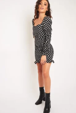 Rebellious Fashion Black Polka Dot Ruched Milkmaid Dress - Neave