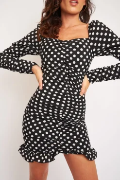 Rebellious Fashion Black Polka Dot Ruched Milkmaid Dress - Neave