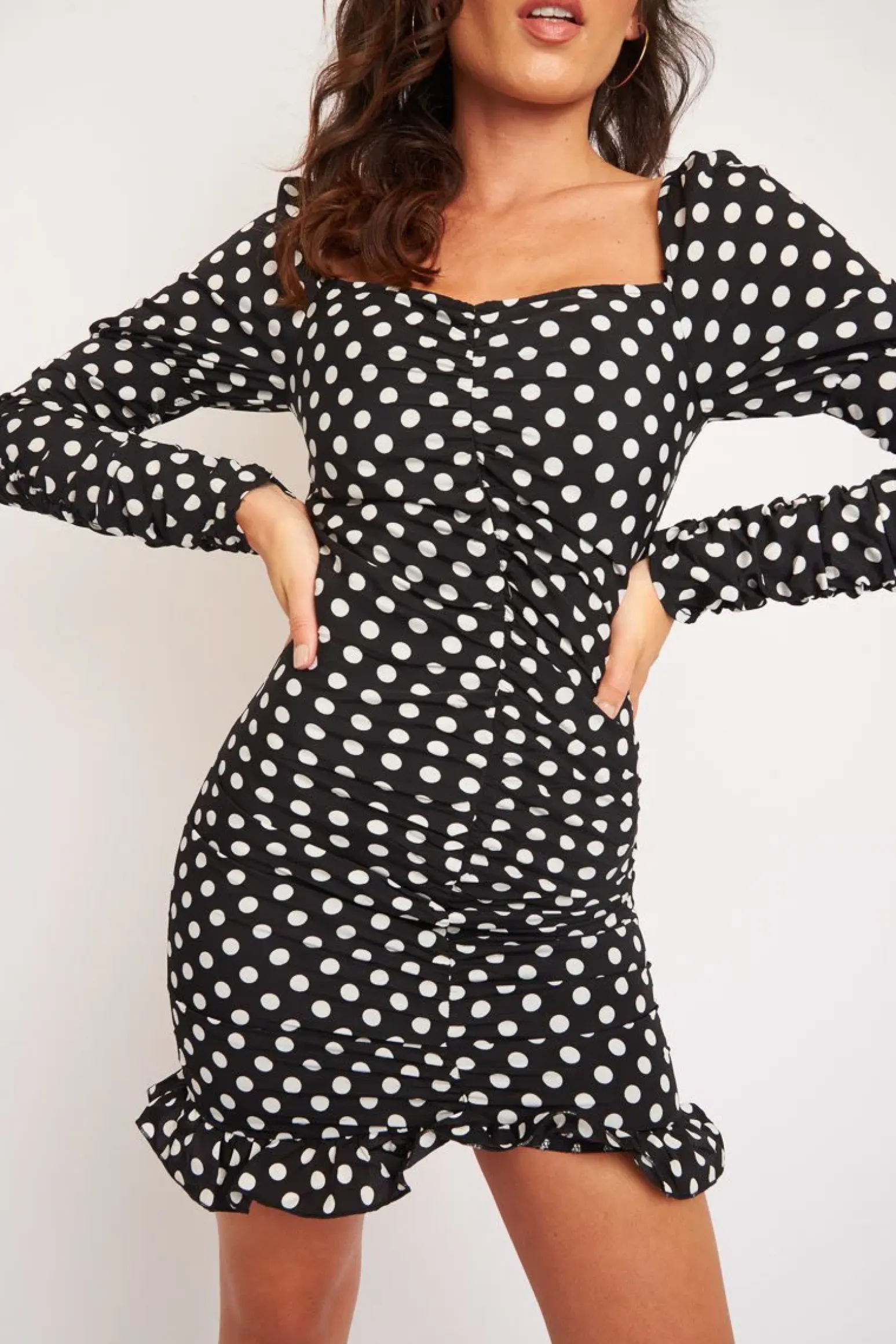 Rebellious Fashion Black Polka Dot Ruched Milkmaid Dress - Neave