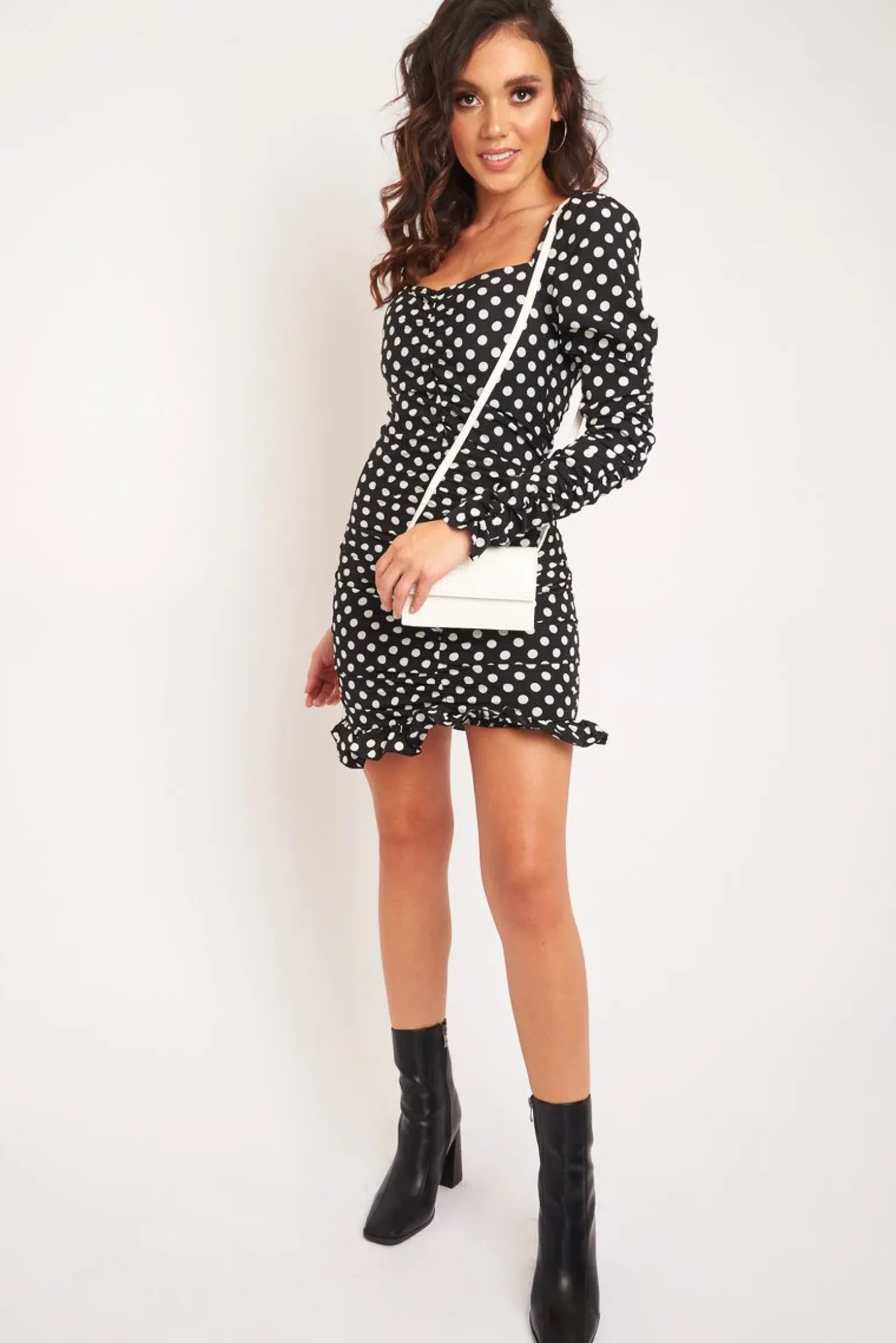 Rebellious Fashion Black Polka Dot Ruched Milkmaid Dress - Neave