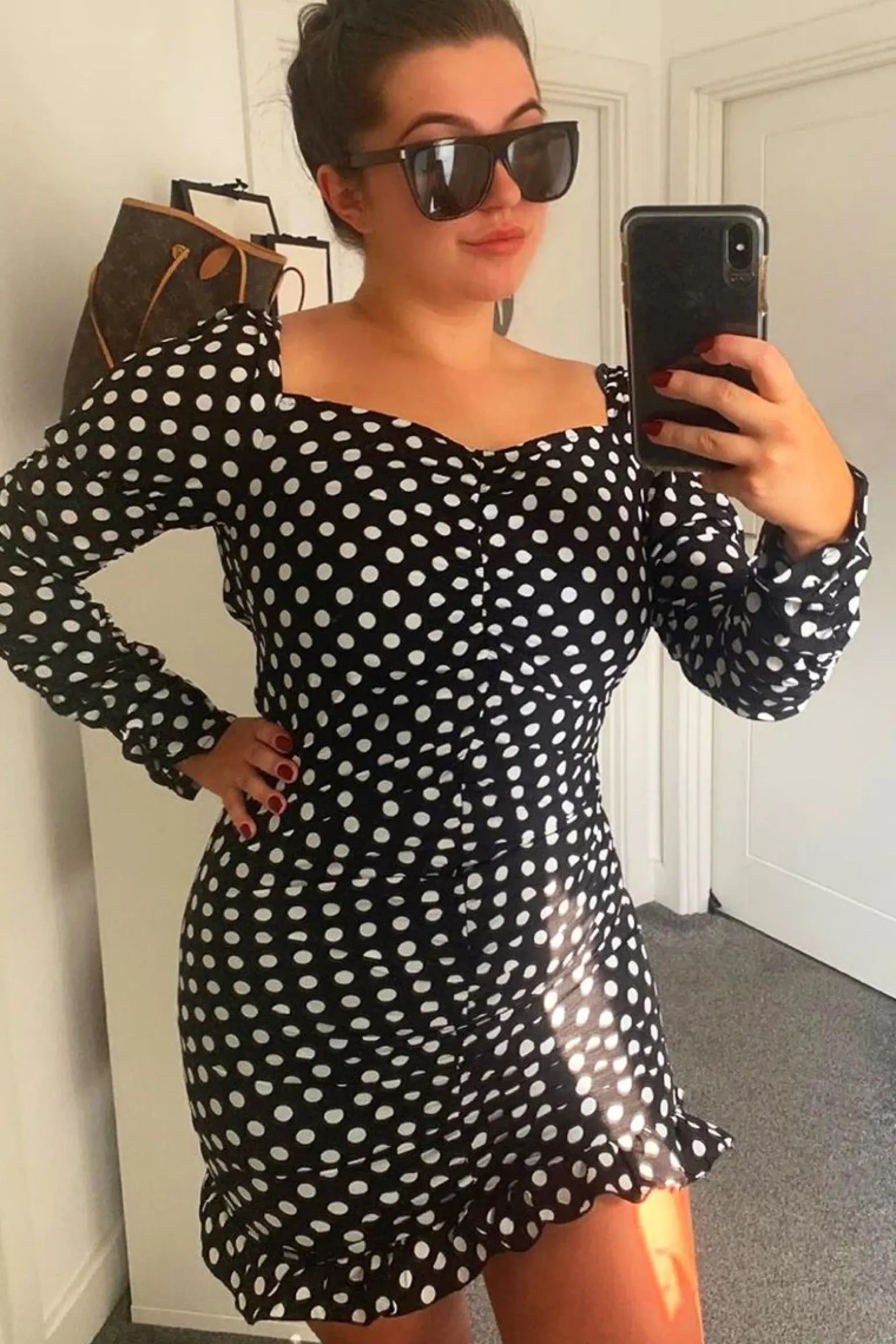 Rebellious Fashion Black Polka Dot Ruched Milkmaid Dress - Neave