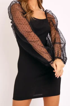 Rebellious Fashion Black Polka Mesh Sleeve Ribbed Dress - Elah