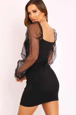 Rebellious Fashion Black Polka Mesh Sleeve Ribbed Dress - Elah