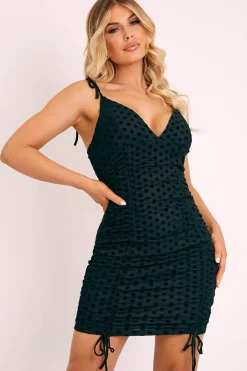 Rebellious Fashion Black Polka Ruched Tie Bodycon Dress - Breta