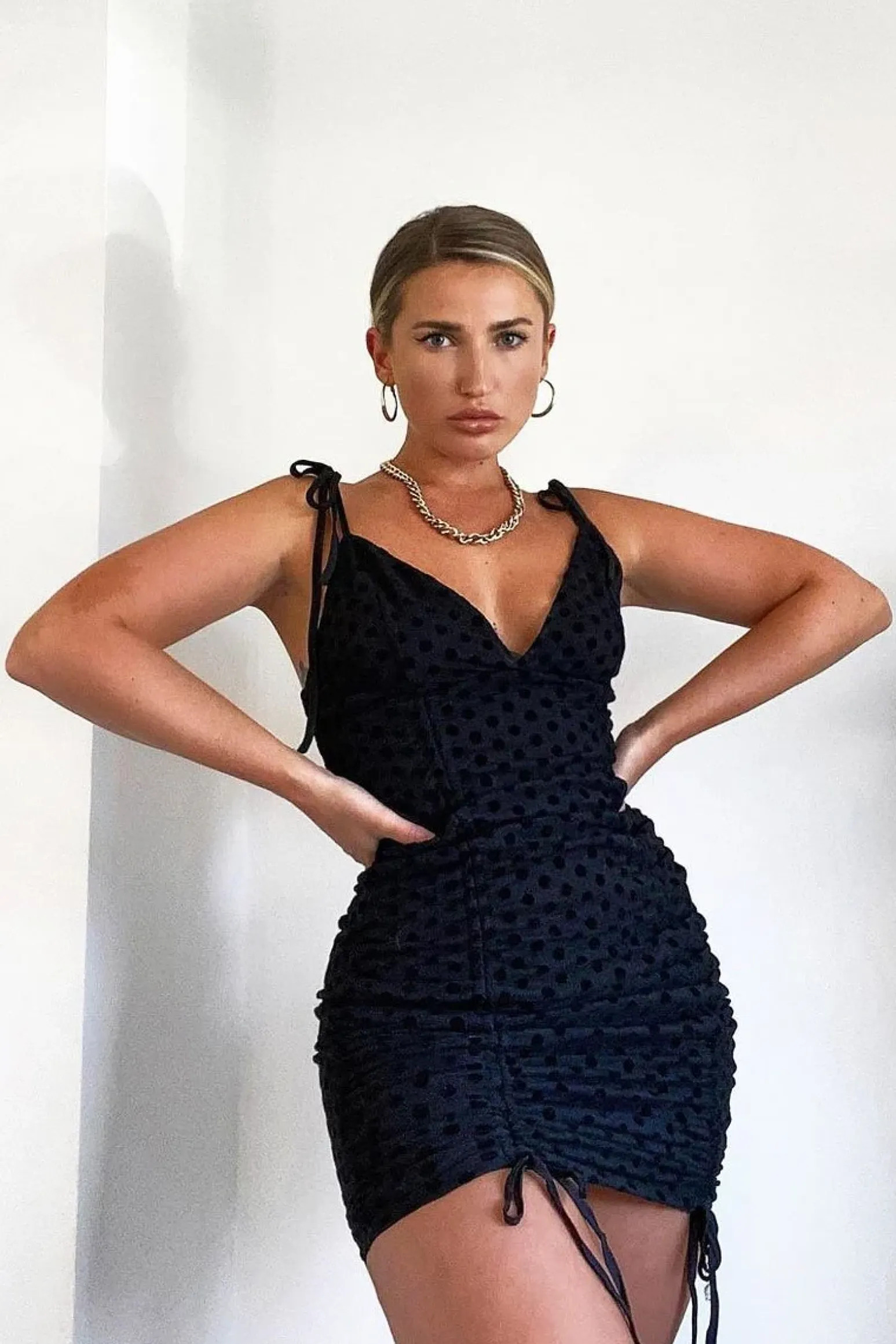 Rebellious Fashion Black Polka Ruched Tie Bodycon Dress - Breta