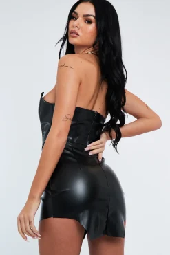 Rebellious Fashion Black PU Leather Corset Cut Out Hem Mini Dress - Sava