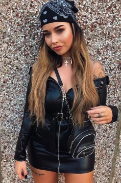 Rebellious Fashion Black PU Leather Zip Front Biker Bodycon Dress - Yvanna