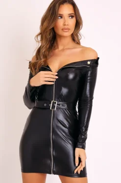 Rebellious Fashion Black PU Leather Zip Front Biker Dress - Yvanna