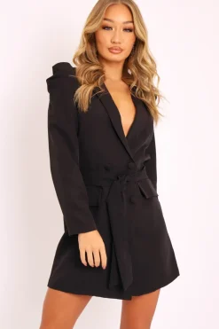 Rebellious Fashion Black Puff Sleeve Belted Waist Blazer Dress - Daionna