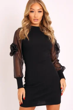 Rebellious Fashion Black Puff Sleeves with Ruched Detailing Ribbed Dress - Rylah