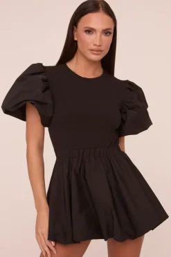 Rebellious Fashion Black Puffball Hem Short Sleeves Mini Dress - Aldora