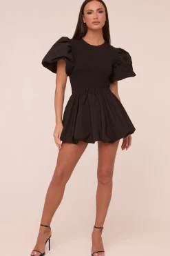 Rebellious Fashion Black Puffball Hem Short Sleeves Mini Dress - Aldora