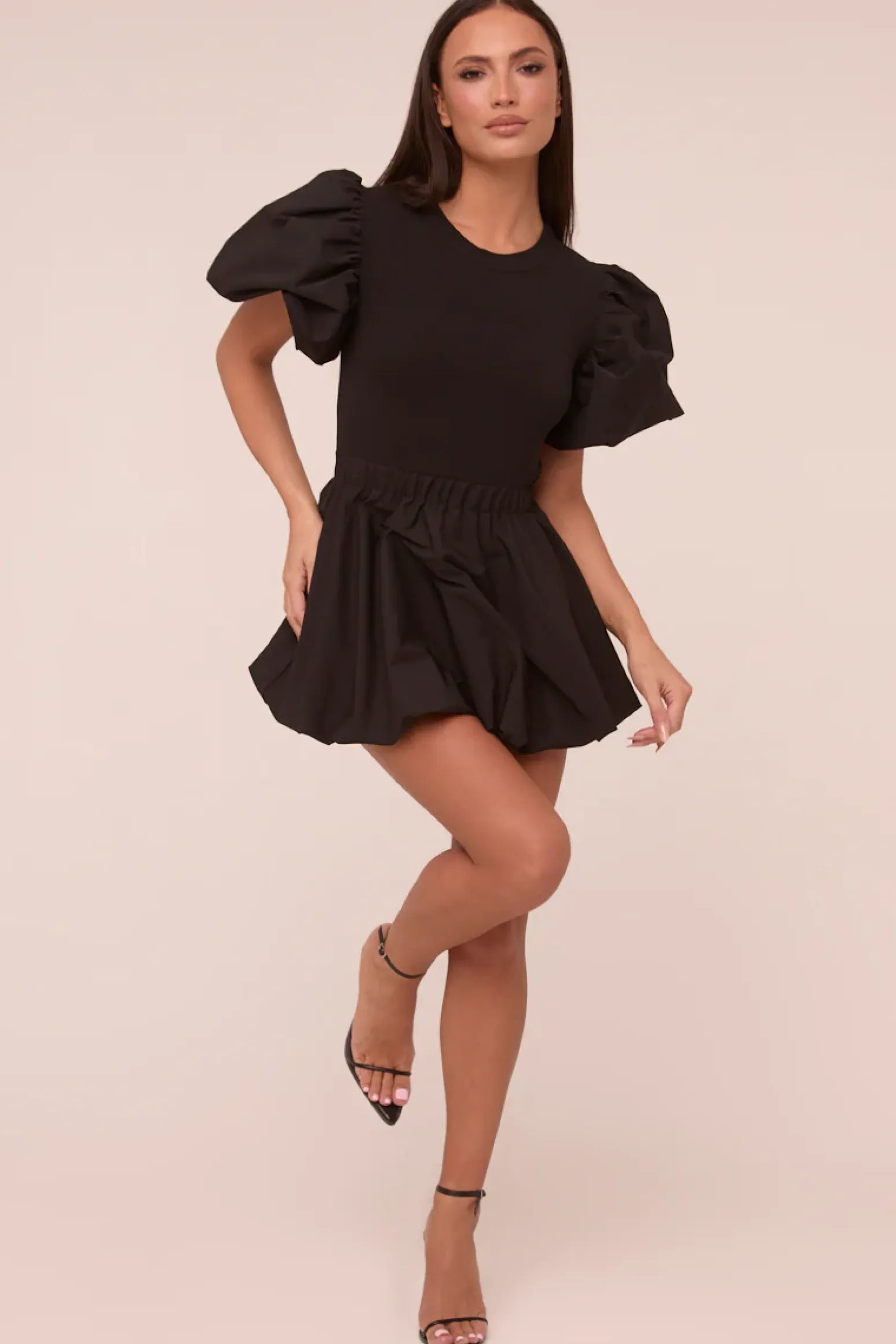 Rebellious Fashion Black Puffball Hem Short Sleeves Mini Dress - Aldora