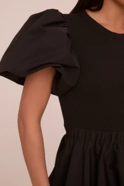 Rebellious Fashion Black Puffball Hem Short Sleeves Mini Dress - Aldora