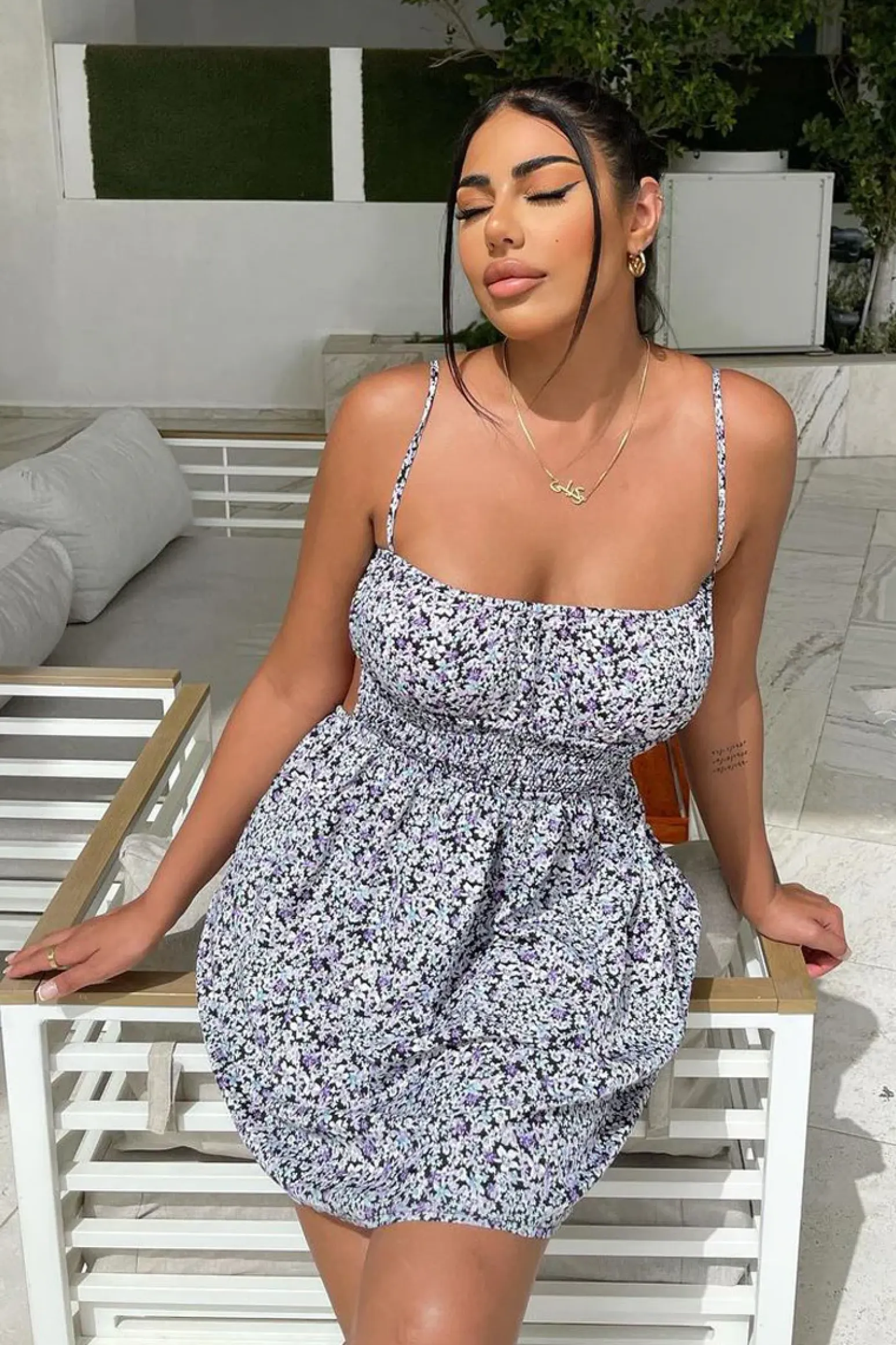 Rebellious Fashion Black Purple Floral Print Shirred Backless Mini Dress - Allison
