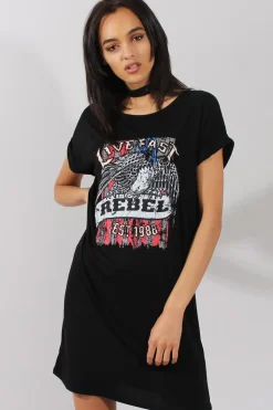 Rebellious Fashion Black Rebel Slogan Print T-Shirt Dress - Juan
