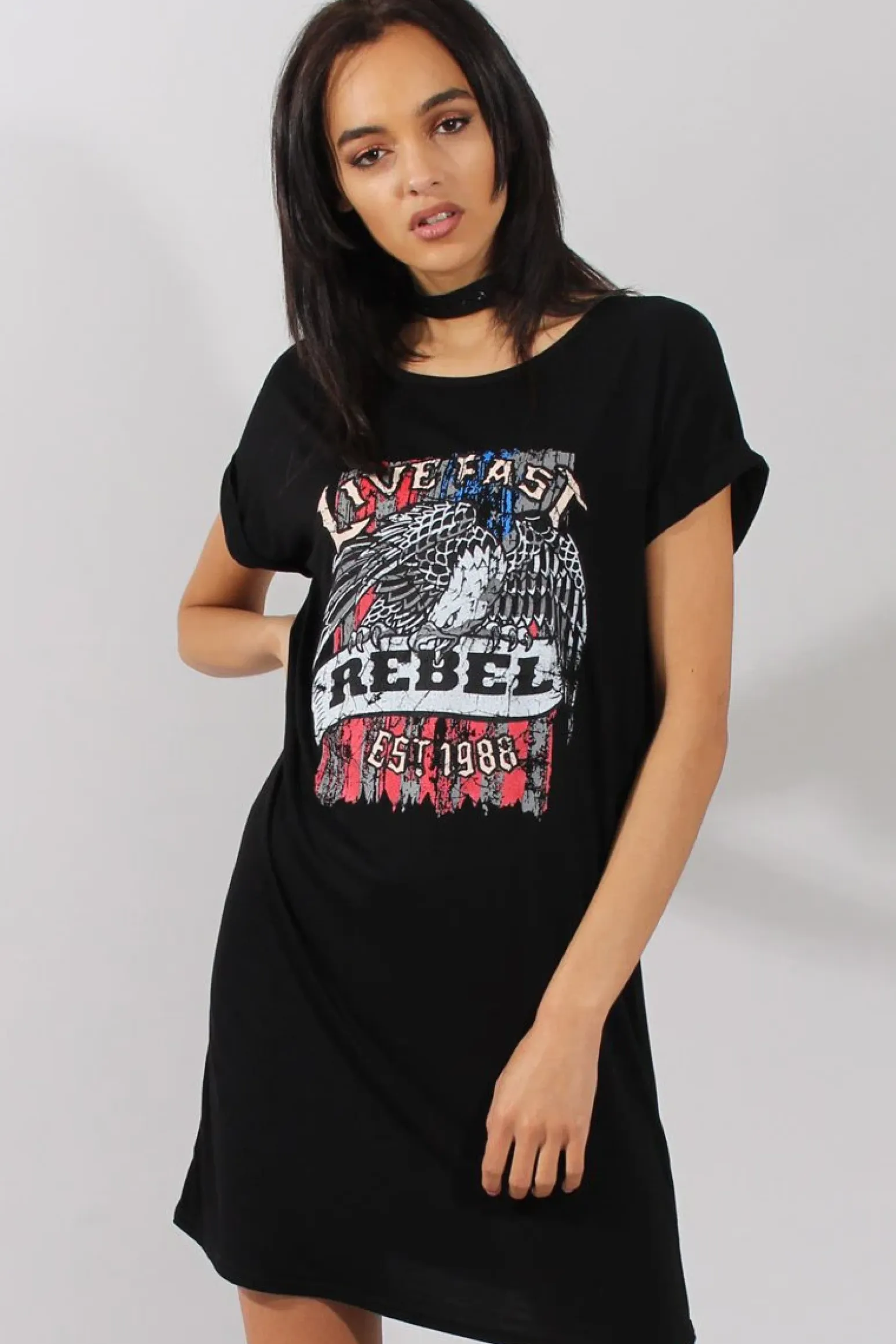Rebellious Fashion Black Rebel Slogan Print T-Shirt Dress - Juan