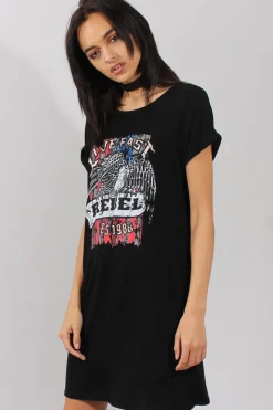 Rebellious Fashion Black Rebel Slogan Print T-Shirt Dress - Juan
