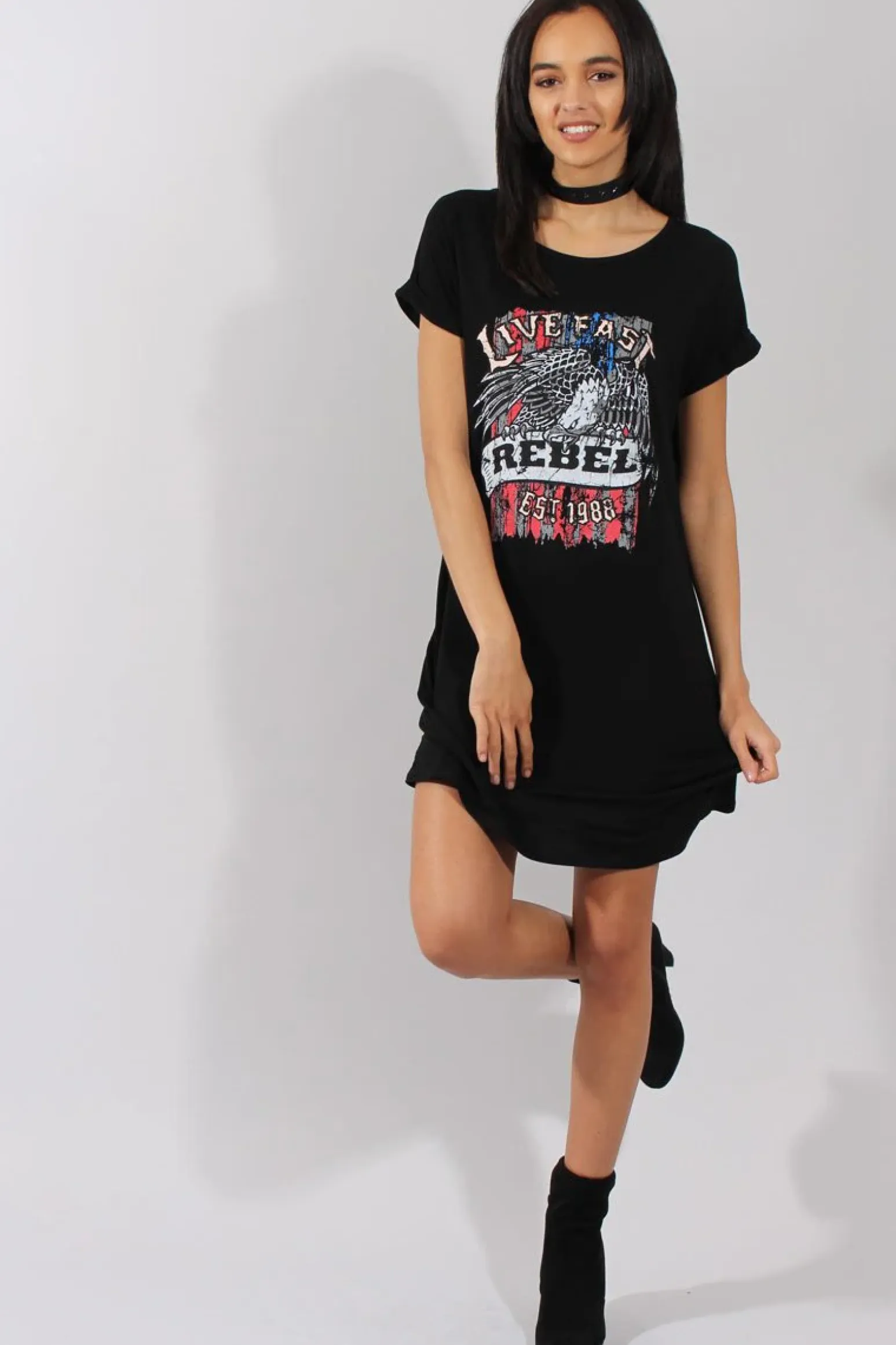 Rebellious Fashion Black Rebel Slogan Print T-Shirt Dress - Juan