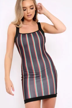 Rebellious Fashion Black Red and Green Striped Bodycon Dress - Bonny