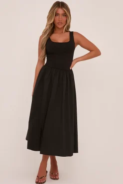 Rebellious Fashion Black Rib Knit Drop Waist Scoop Neck Maxi Dress - Elian