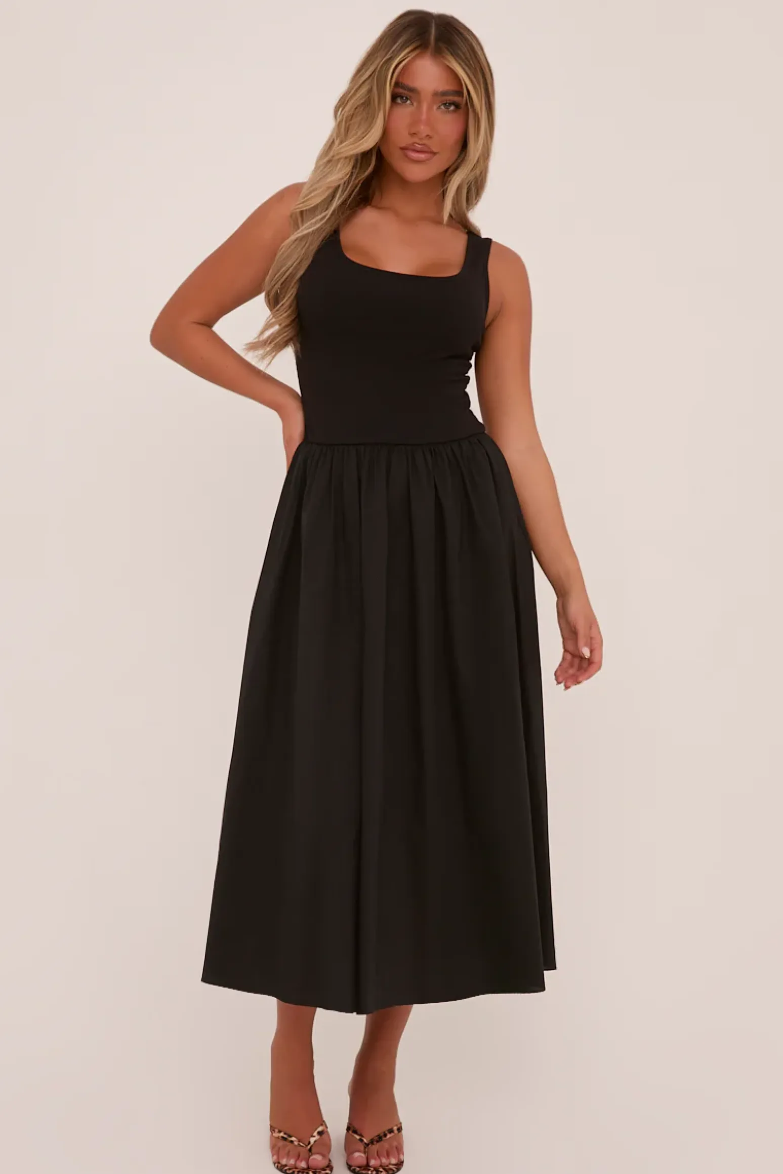Rebellious Fashion Black Rib Knit Drop Waist Scoop Neck Maxi Dress - Elian