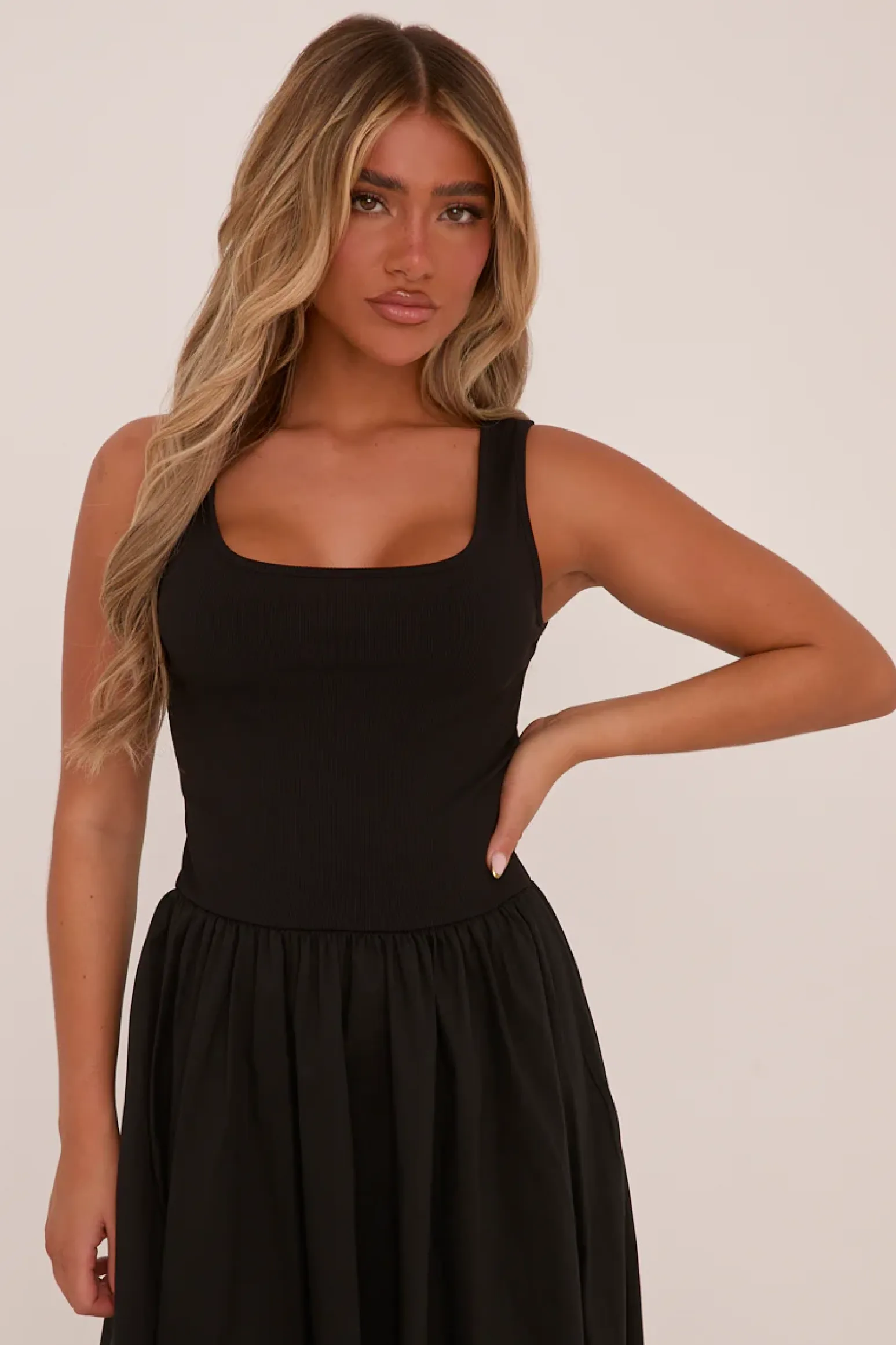 Rebellious Fashion Black Rib Knit Drop Waist Scoop Neck Maxi Dress - Elian