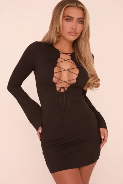 Rebellious Fashion Black Rib Knit Lace Up Long Sleeves Mini Dress - Jayline