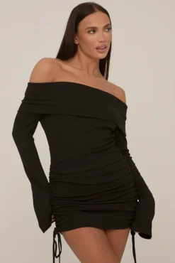 Rebellious Fashion Black Rib Knitted Ruched Side Mini Dress - Xenia
