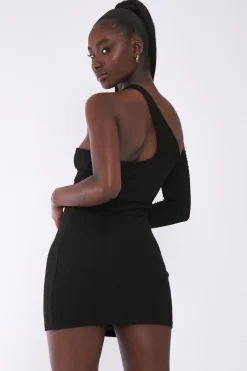Rebellious Fashion Black Rib One Sleeve Asymmetric Mini Dress - Nola