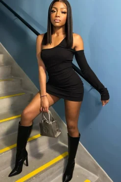 Rebellious Fashion Black Rib One Sleeve Asymmetric Mini Dress - Nola
