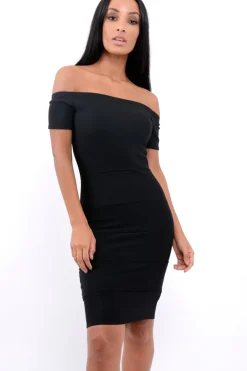 Rebellious Fashion Black Ribbed Bardot Bodycon Dress - Phoebe