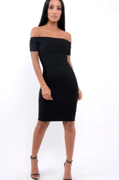 Rebellious Fashion Black Ribbed Bardot Bodycon Dress - Phoebe