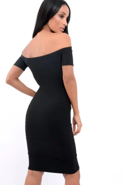 Rebellious Fashion Black Ribbed Bardot Bodycon Dress - Phoebe
