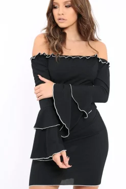 Rebellious Fashion Black Ribbed Bell Sleeve Mini Dress - Ariana
