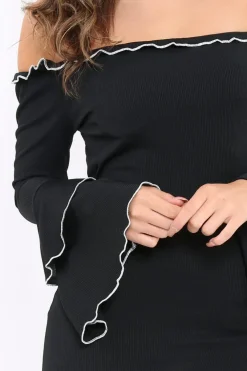 Rebellious Fashion Black Ribbed Bell Sleeve Mini Dress - Ariana