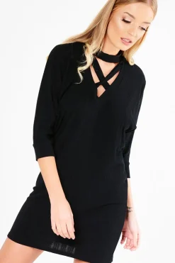 Rebellious Fashion Black Ribbed Choker Cross Strap Mini Dress - Meghann