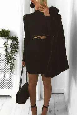 Rebellious Fashion Black Ribbed Cut Out Lace Jumper Dress - Cierra