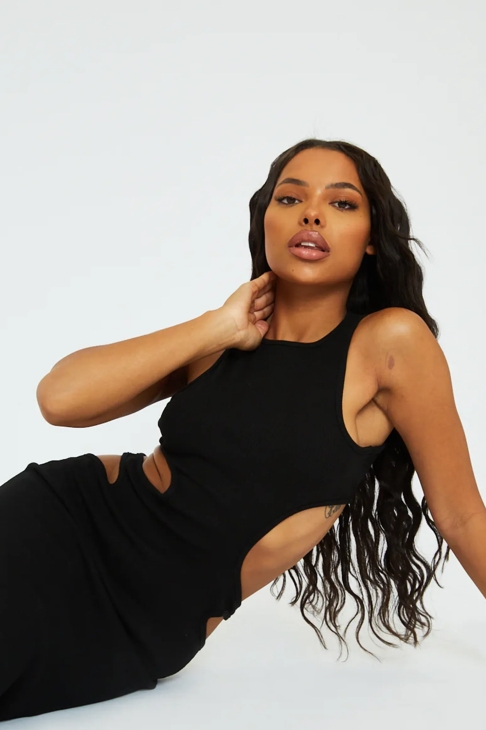 Rebellious Fashion Black Ribbed Cut Out Midi Dress - Karin