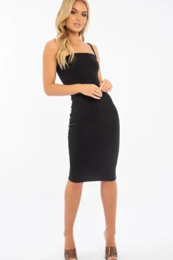 Rebellious Fashion Black Ribbed Frill Edge Midi Dress - Aalani