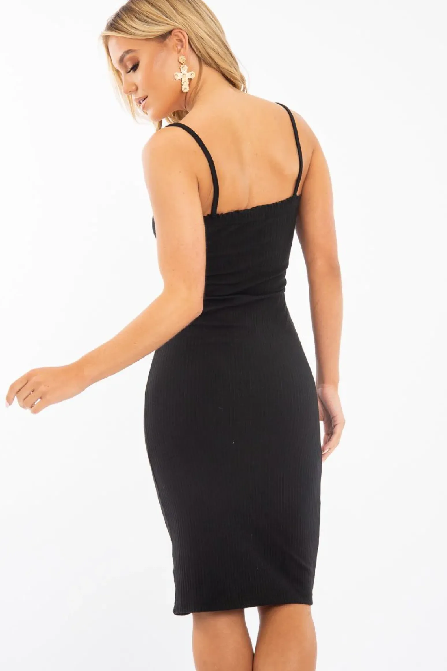 Rebellious Fashion Black Ribbed Frill Edge Midi Dress - Aalani